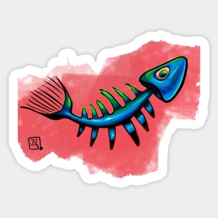 blue fishbone on red background Sticker